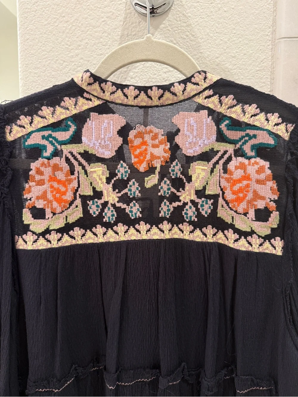Free People Embroidered Black Peasant Blouse with Floral Yoke
